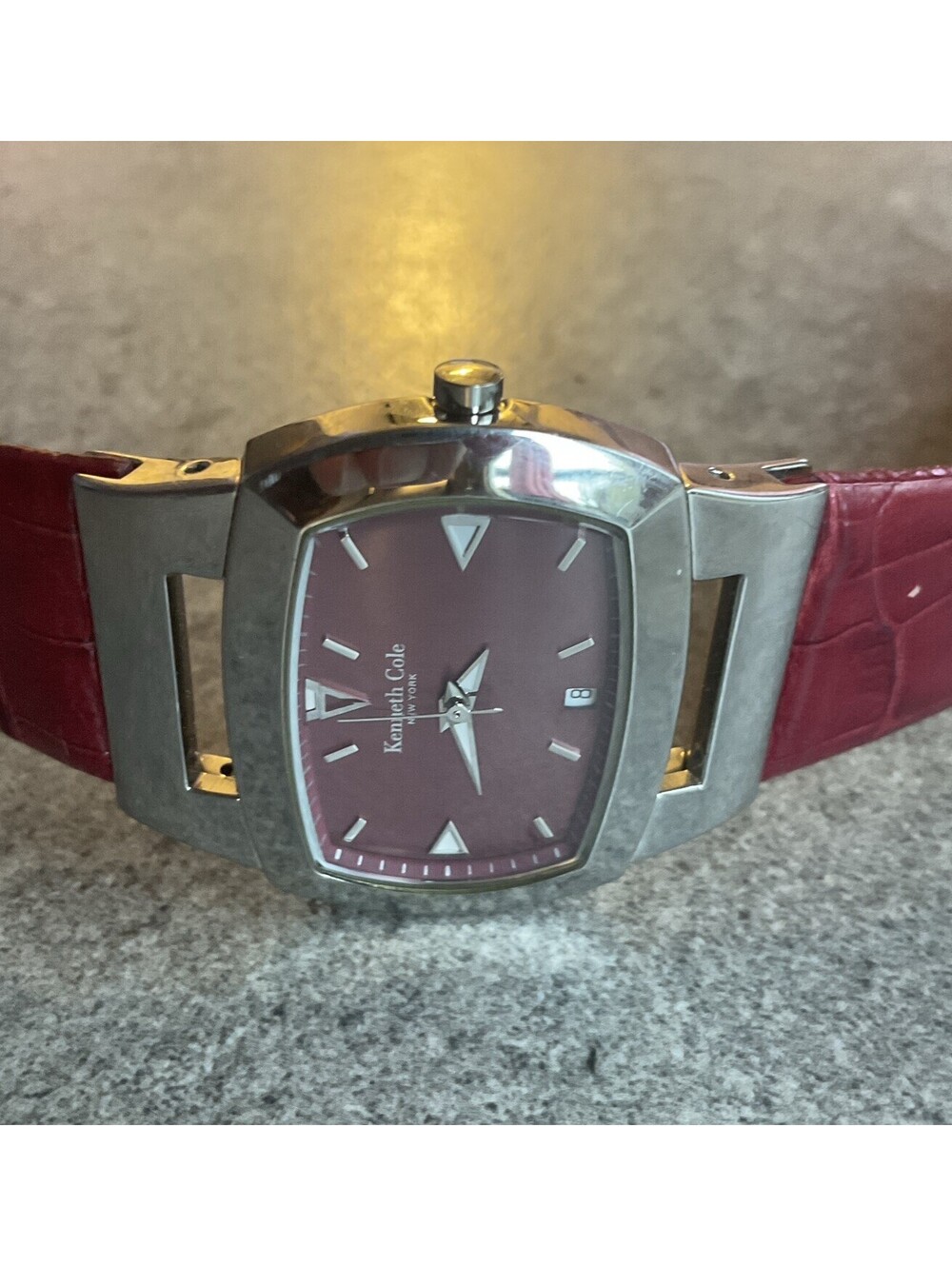 Kenneth Cole Womens Watch 34mm Silver Tone Case W/Red Dial & Leather Band BQ